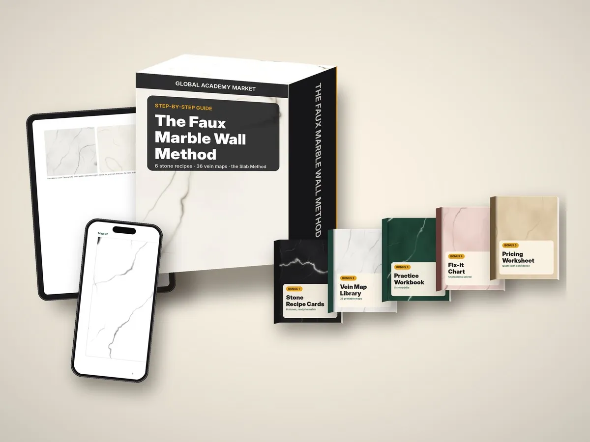 The Faux Marble Wall Method: guide, 5 bonus PDFs, shown on a tablet and phone